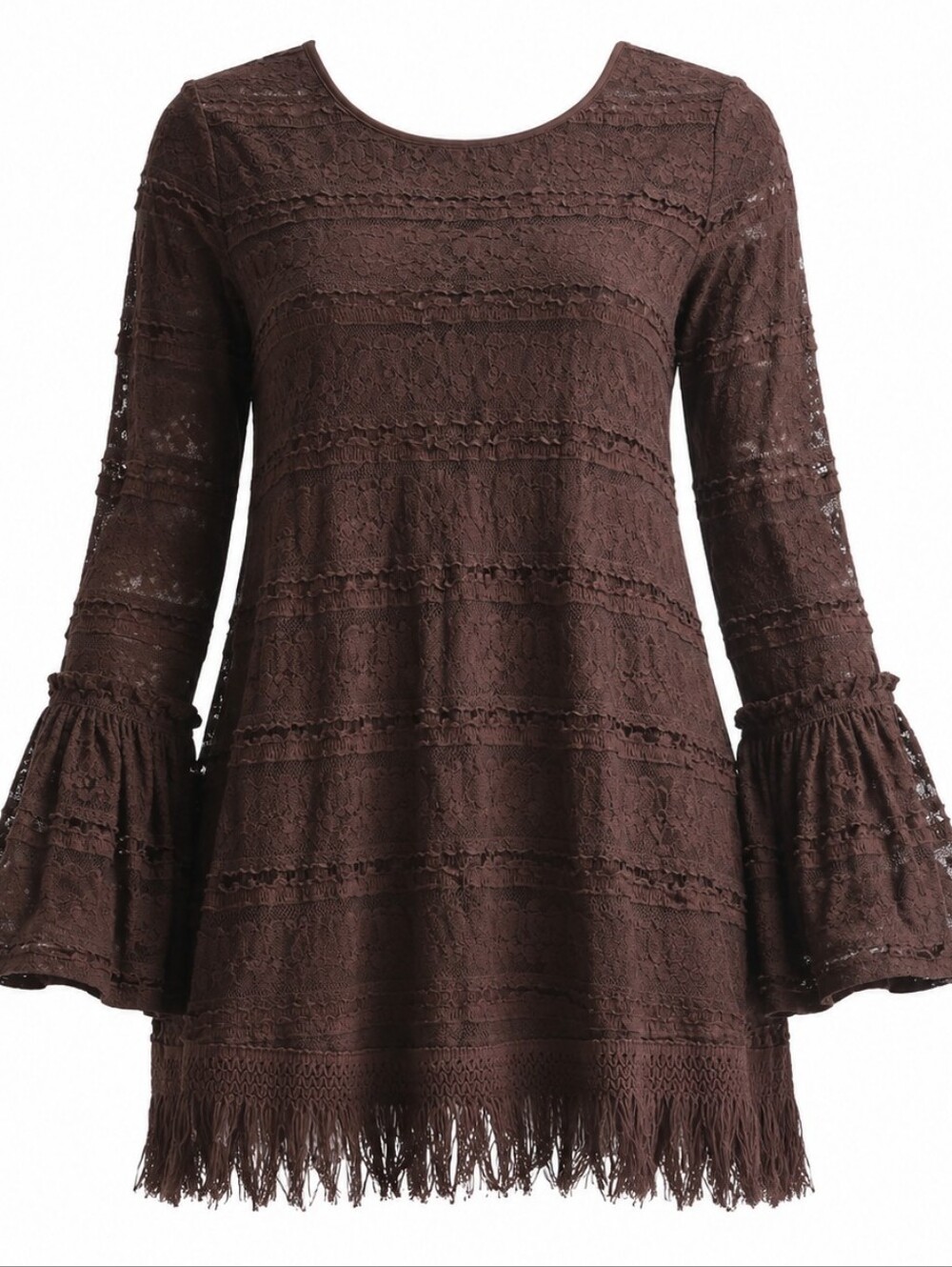 INDIGO SOUL | Brown Lace Crochet Bell Sleeve Fringe Boho Dark Fairy Top | XL